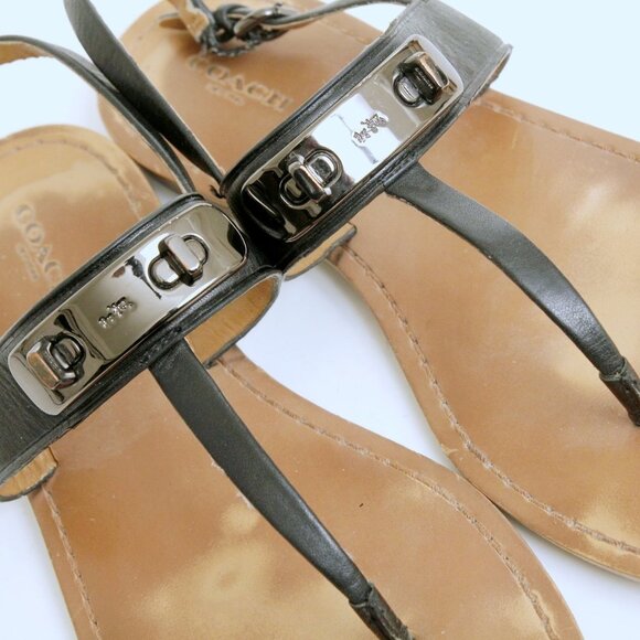 Coach Gracie Vintage Calf Turn Lock Semi Matte T Strap Sandal Black Women Size 8 - Picture 11 of 13